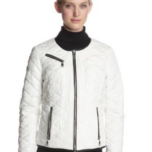 French Connection Jackets & Blazers - French Connection White Quilted Jacket with Black Leather Trim Size Large